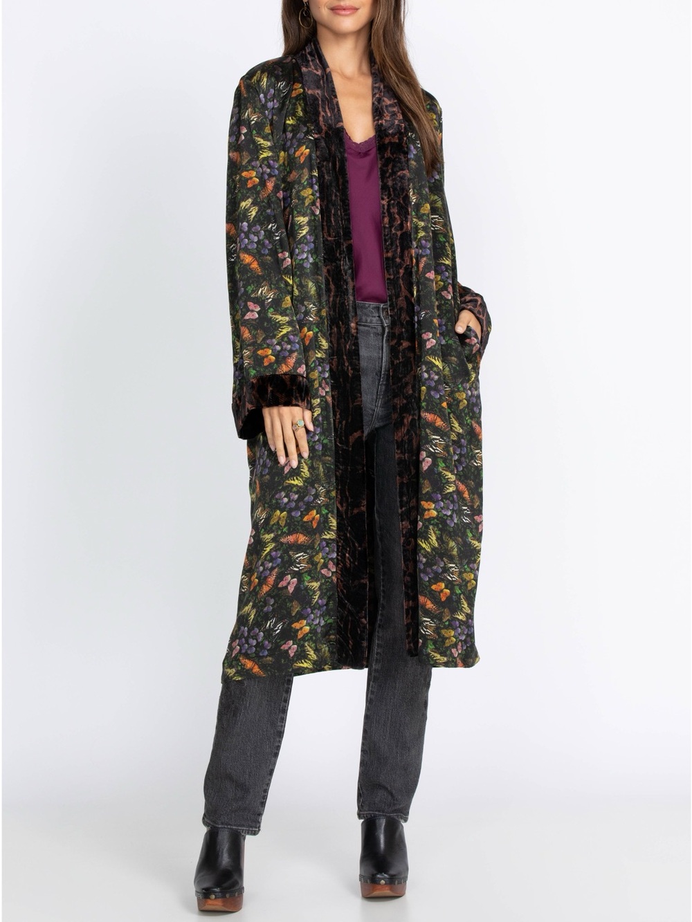 Johnny Was Midnight Mariposa Floral Leopard Velvet Mix Kimono